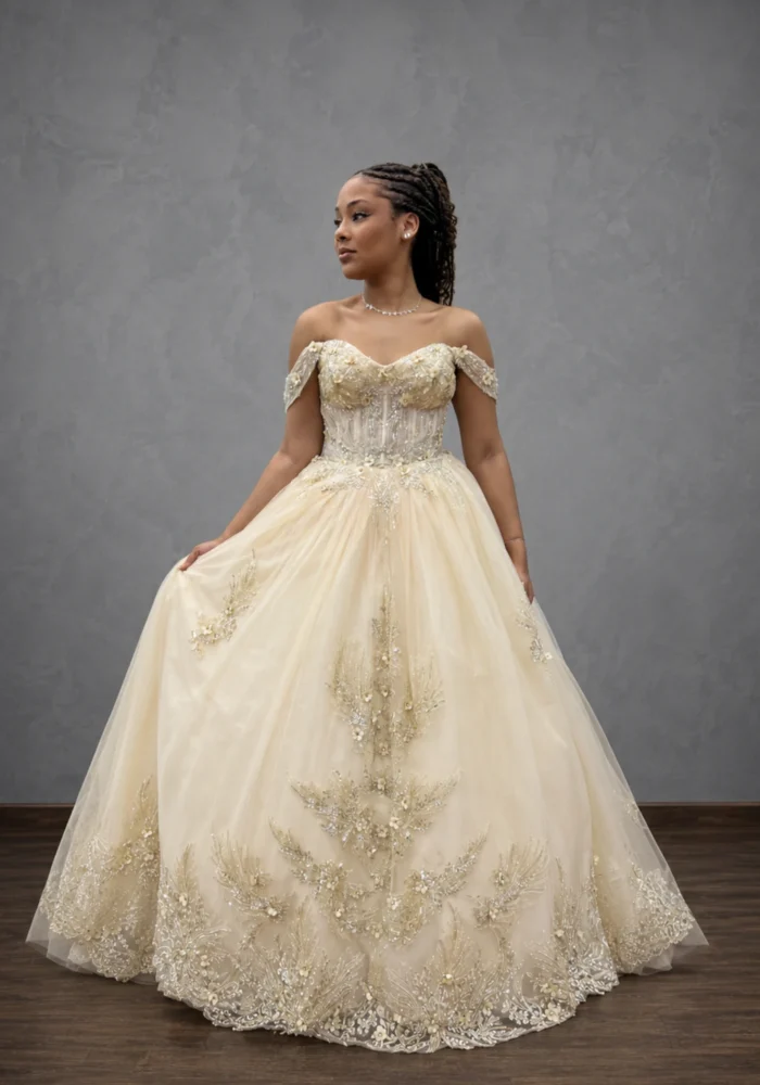 Vestido Camelia dourado ombro a ombro em tule com bordado em renda e pedraria - Felicidade Noivas e Festas