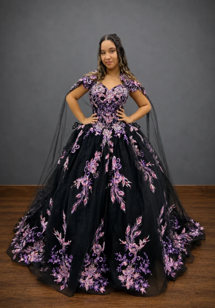 Vestido Fresia preto ombro a ombro com bordados em rosa - Felicidade Noivas e Festas