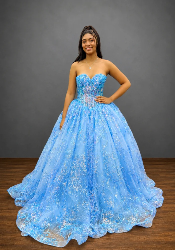 Vestido Gerbera azul serenity tomara que caia com corpete paetizado e saia em glitter - Felicidade Noivas e Festas
