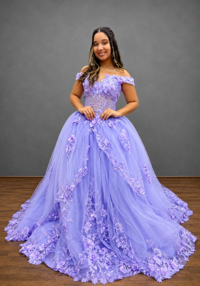 Vestido Hibisco lavanda ombro a ombro com saia em camadas - Felicidade Noivas e Festas
