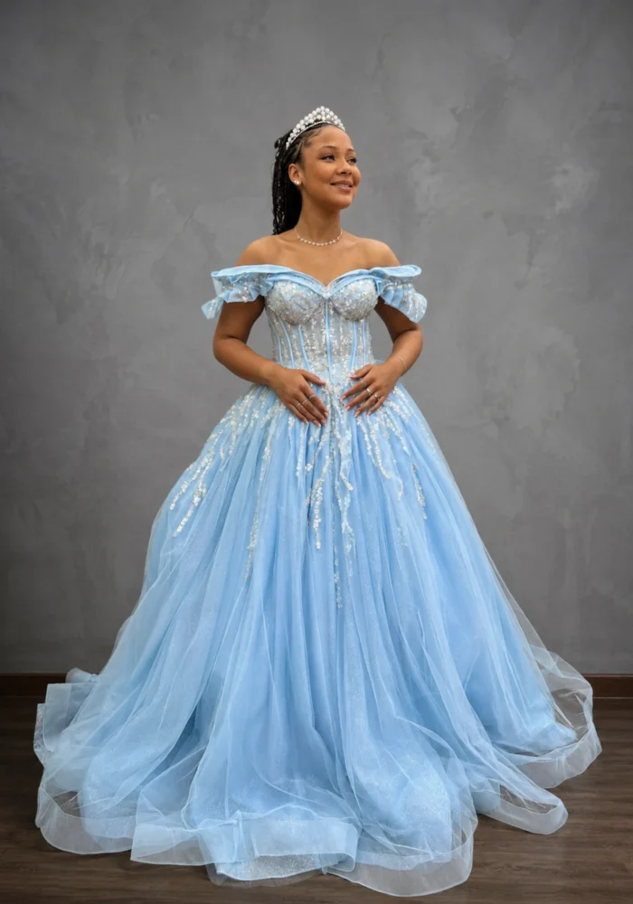 Vestido Hortensia azul serenity ombro a ombro todo em tule - Felicidade Noivas e Festas