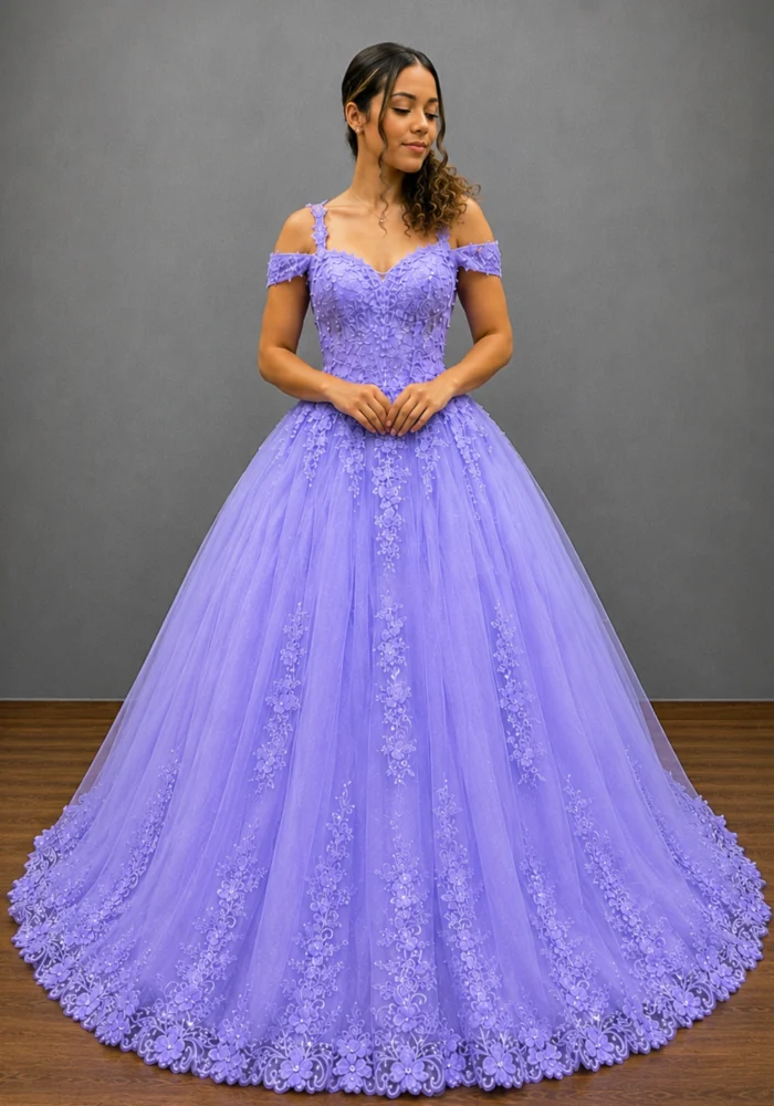 Vestido Narciso lavanda ombro a ombro com flores 3D - Felicidade Noivas e Festas