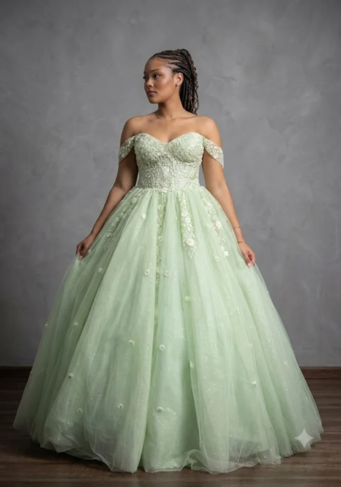 Vestido Verbena verde sage ombro a ombro com saia em tule com brilho - Felicidade Noivas e Festas