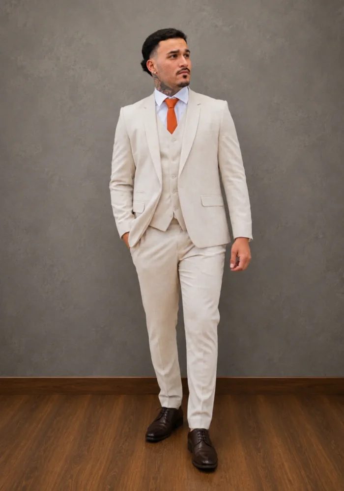 Terno SLIM FIT BEGE/AREIA - Com um tom neutro e elegante, é ideal para noivos que desejam um visual leve, sofisticado e atemporal em cerimônias diurnas ou ao ar livre. - Felicidade Noivas e Festas