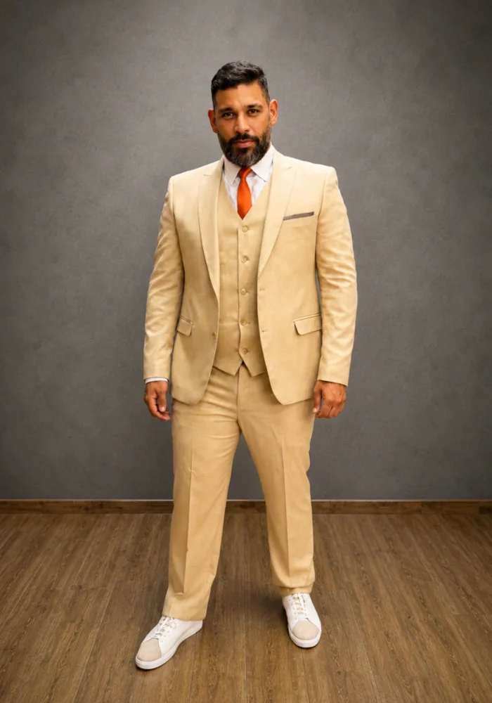 Terno SLIM FIT LINHO KAKI - Moderno e versátil, é uma excelente escolha para noivos que buscam elegância com personalidade. - Felicidade Noivas e Festas