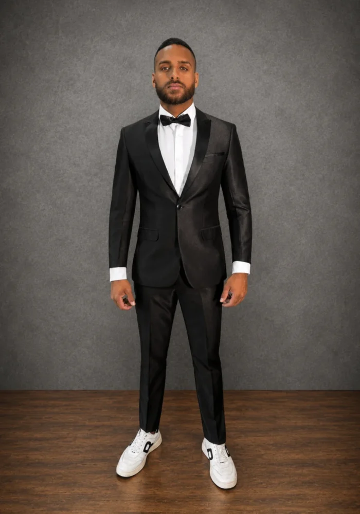 Terno SMOOKING FIT PRETO BRILHOSO - Clássico e sofisticado, é a escolha ideal para noivos que desejam um visual marcante e elegante em cerimônias noturnas e celebrações de alto padrão. - Felicidade Noivas e Festas